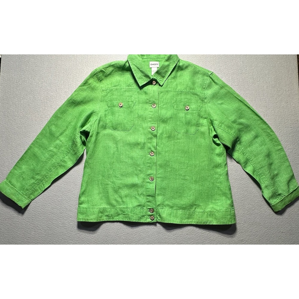 Chico's green 100% Linen button up thin lightweight blazer jacket‎ womens size 3